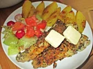 Rezept: Knuspriges Fischfilet mit Curry-Kartoffelecken und Salat Bild Nr. 2 Knuspriges Fischfilet mit Curry-Kartoffelecken und Salat - Rezept - Bild Nr. 2