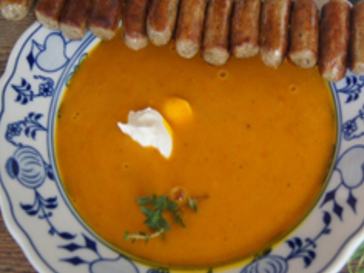 Kürbissuppe mit Thymian und Nürnberger-Bratwurst-Spieß - Rezept - Bild Nr. 16201