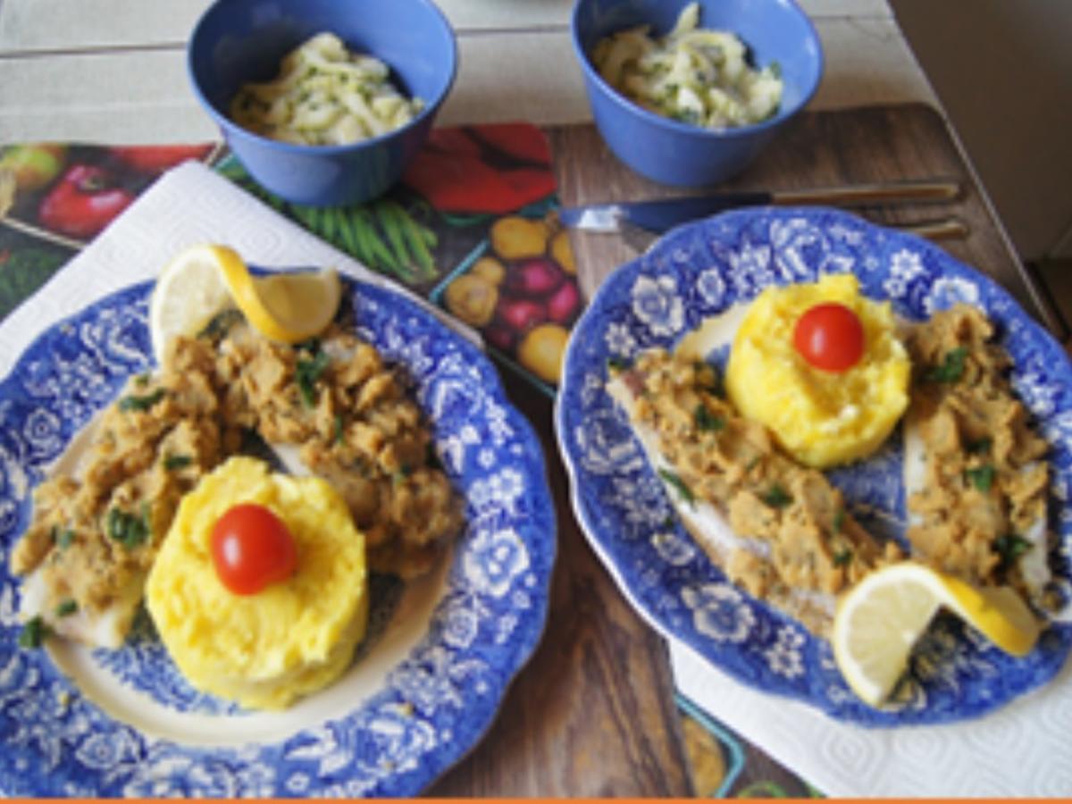 Überbackenes Seelachsfilet mit Gurkensalat und Kartoffelstampf ...