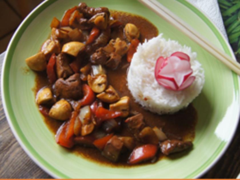 Hähnchenbrustfilet mit Champignons, Paprika und Basmatireis - Rezept ...