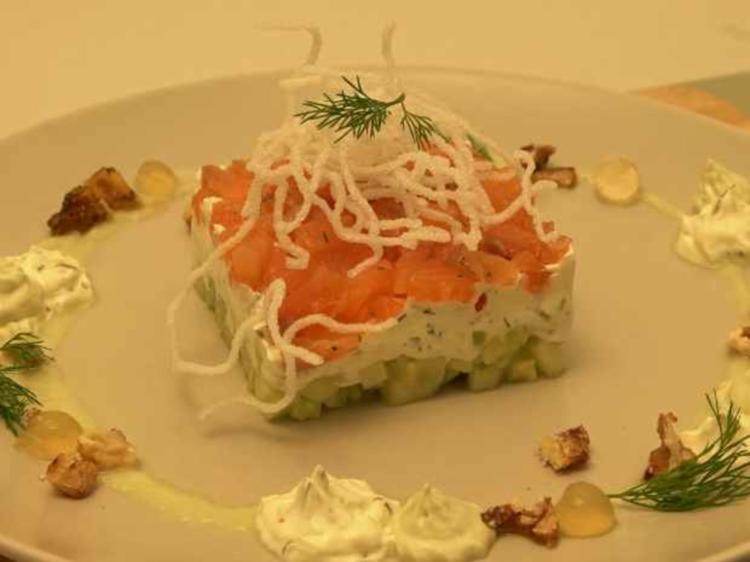 Gebeiztes Lachstürmchen mit Avocadocreme und Apfelperlen - von Das ...