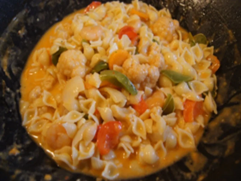 Muschelnudeln mit roten Gemüse-Garnelen-Curry - Rezept - Bild Nr. 16348