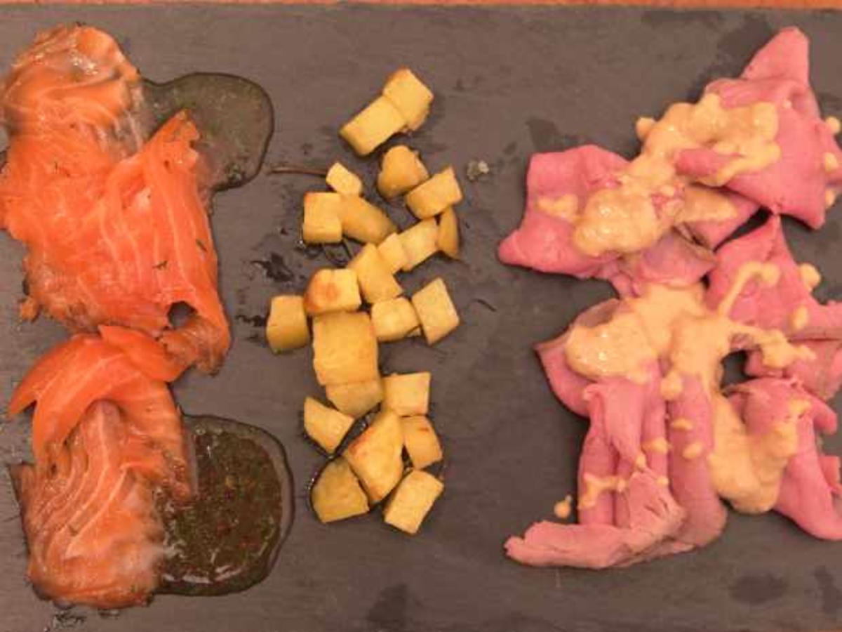 Kalbfleisch mit Thunfischsauce und mit Limoncello gebeizter Lachs - von ...