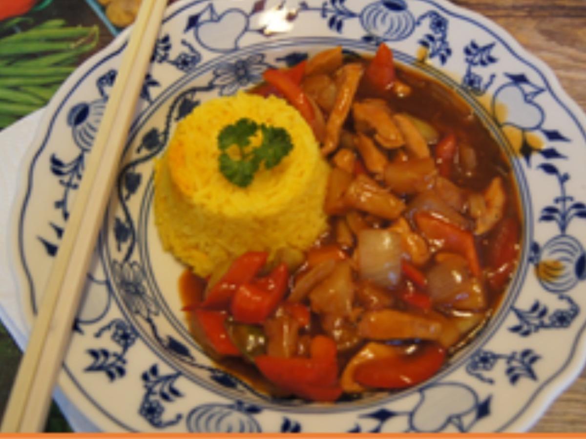 Hähnchen mit Gemüse süß-sauer und gelber Basmatireis - Rezept - kochbar.de