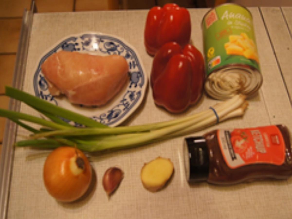 Hähnchen mit Gemüse süß-sauer und gelber Basmatireis - Rezept - Bild Nr. 16388