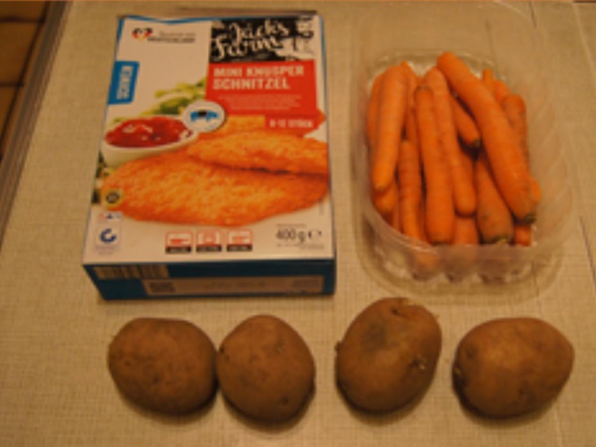 Mini-Knusper-Schnitzel mit Honig-Sahne-Möhren und Kartoffelstampf - Rezept - Bild Nr. 3
