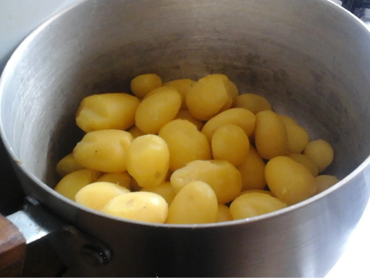 Hähnchen-Nuggets mit Honigmöhren-Sticks, pikanter Sauce und Pellkartoffel-Drillingen - Rezept - Bild Nr. 16425