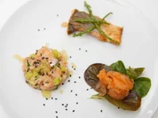 Gebeizter und gebratener Saibling mit Tatar und Wildkräutersalat - Rezept - Bild Nr. 2