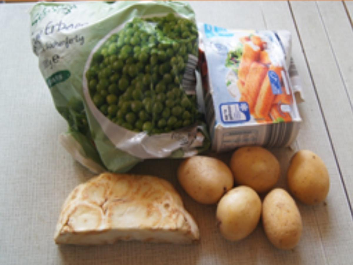 Fischstäbchen mit Erbsen-Gemüse und Sellerie-Kartoffel-Stampf - Rezept - Bild Nr. 16440