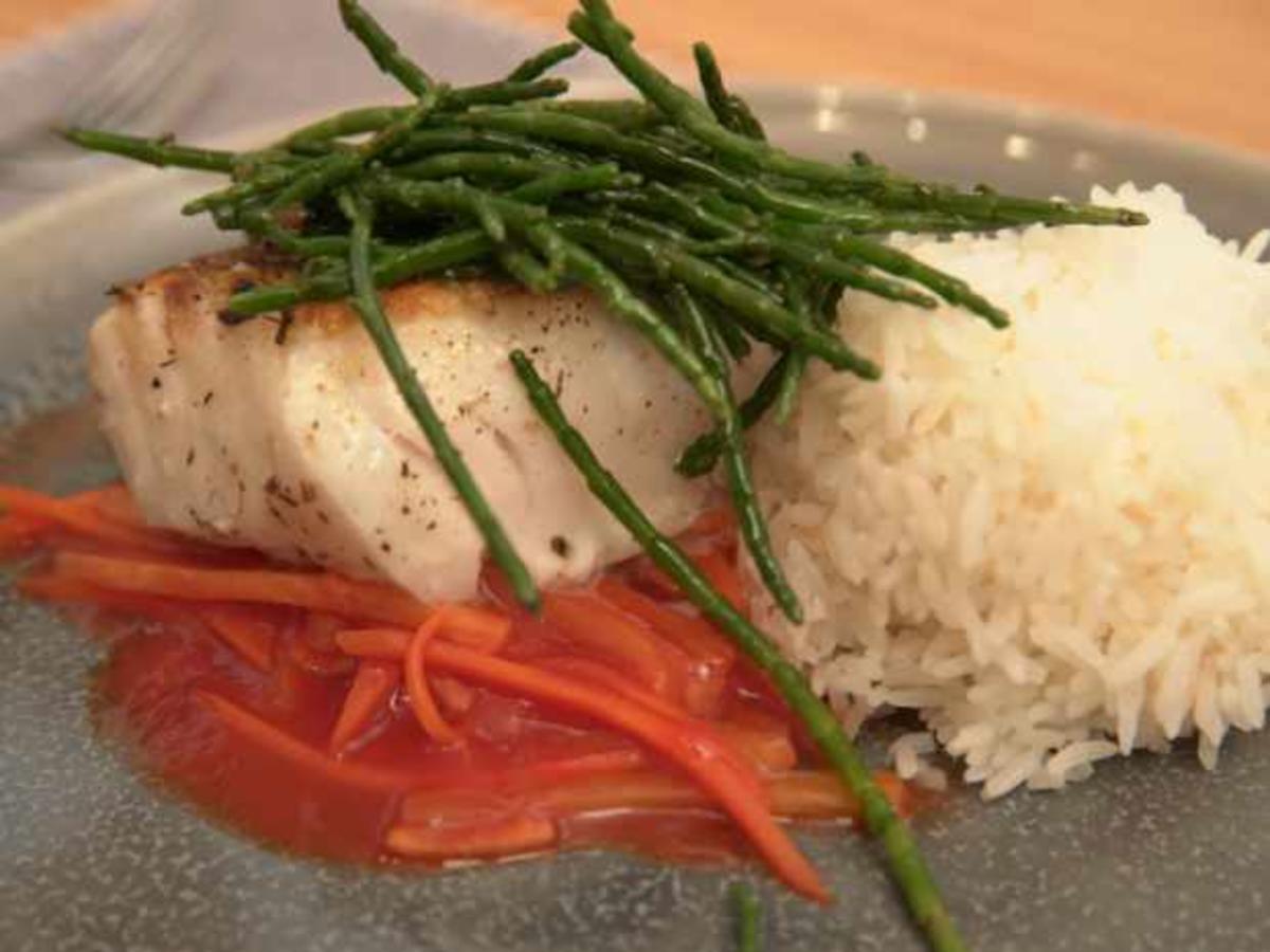 Kabeljau mit Salicorn, Bambussprossen-Karotten-Ingwer und Reis - Rezept ...