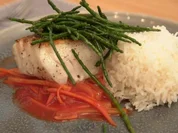 Kabeljau mit Meeresspargel, Bambussprossen-Karotten-Ingwer und Reis - Rezept - Bild Nr. 16464