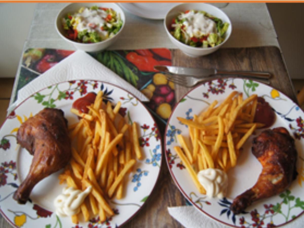 Hähnchenkeule mit Pommes Frites und gemischten Salat - einfach - von ...