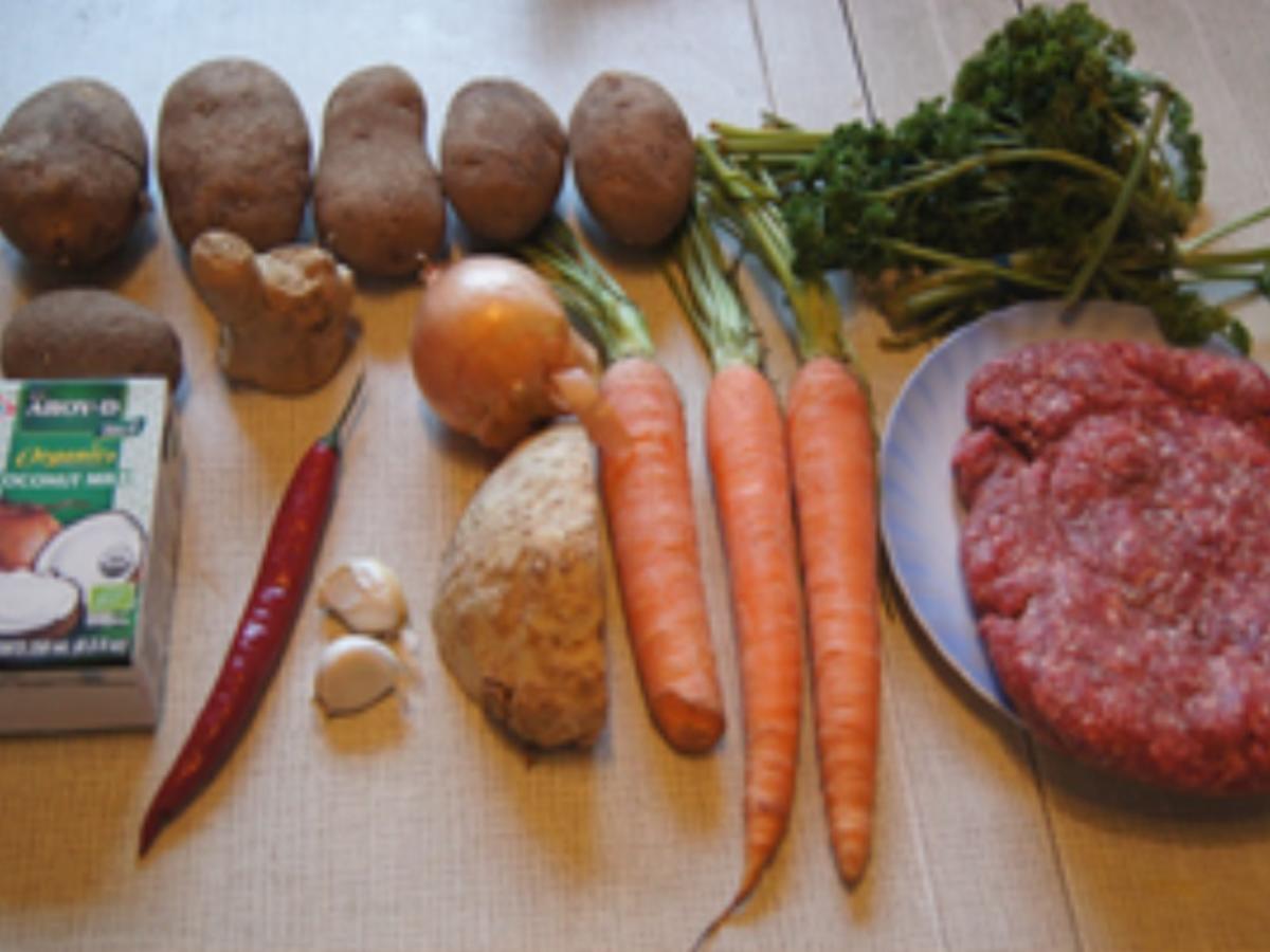 Herzhafte Kartoffel-Möhren-Suppe mit Rinderhackfleischbällchen - Rezept - Bild Nr. 16476