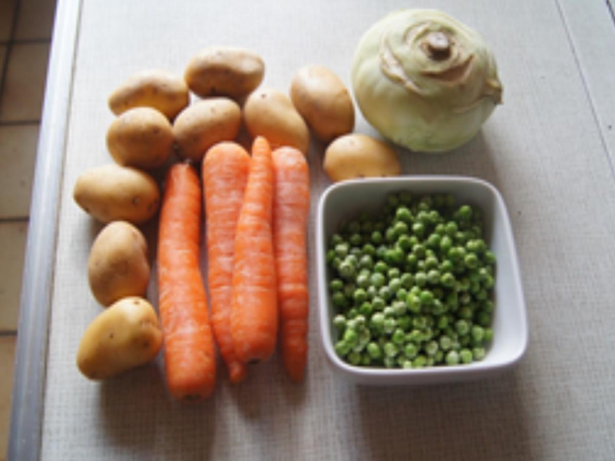 Kohlrabi-Schnitzel mit Erbsen und Möhren Gemüse und Brat-Drillingen - Rezept - Bild Nr. 3
