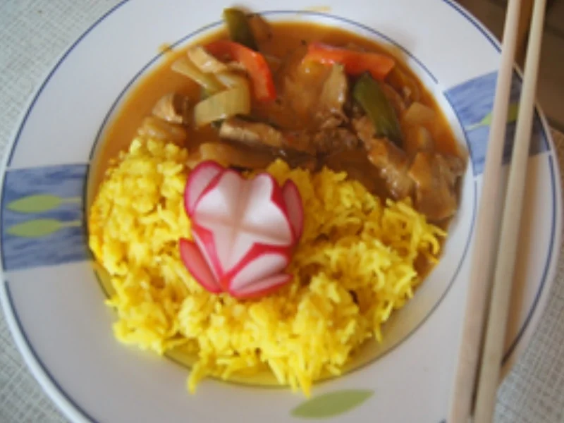 Schweinefiletstreifen mit Paprika-Zwiebel-Streifen im Wok mit gelben Basmatireis - Rezept - Bild Nr. 21