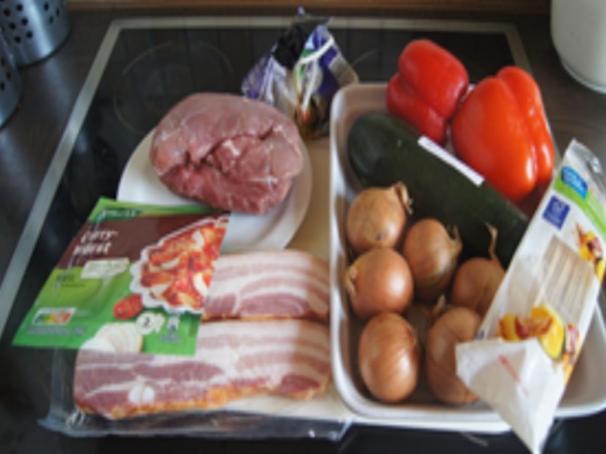Schweinefilet-Bauchspeck-Gemüse-Spieße mit Currysauce und Curryreis - Rezept - Bild Nr. 3
