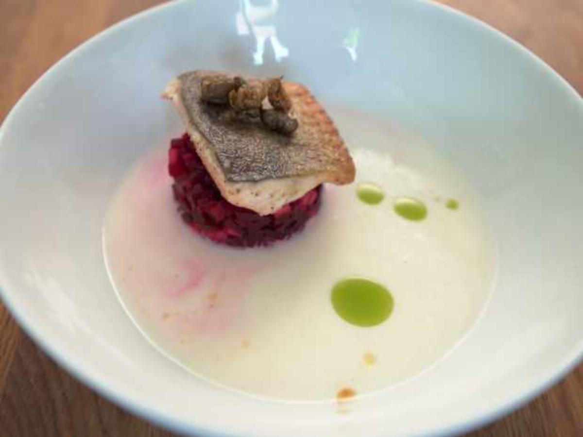 Rote Bete Apfel Tatar mit Saibling und Buttermilch Petersiliensud ...