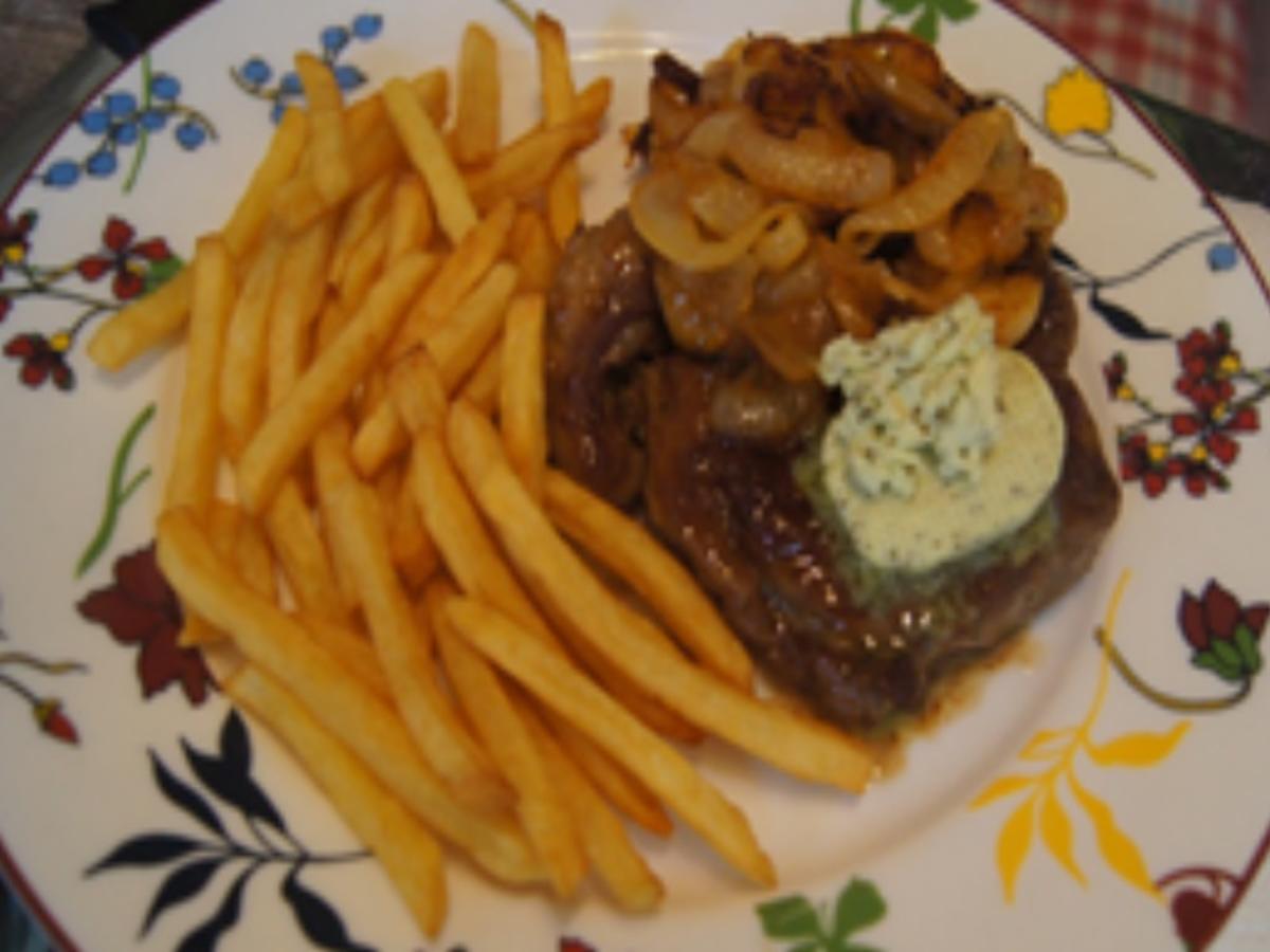 Rumpsteak Mit R Stzwiebeln Kr Uterbutter Und Pommes Frites Rezept