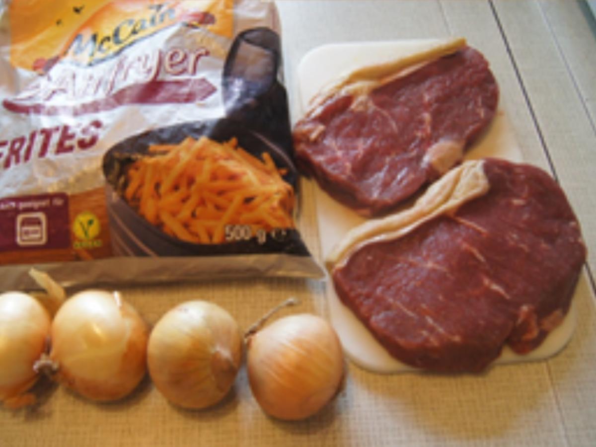 Rumpsteak mit Röstzwiebeln, Kräuterbutter und Pommes Frites - Rezept - Bild Nr. 3