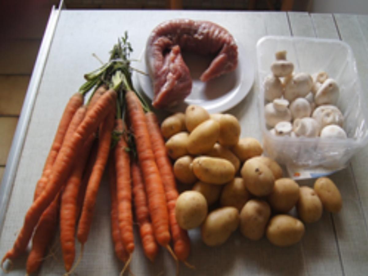 Schweinefiletschnitzel mit Champignon-Rahmsauce, Honig-Bundmöhren und Drillingen - Rezept - Bild Nr. 3
