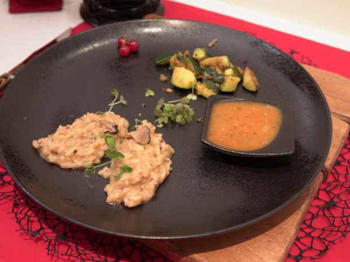 Spareribs mit Aprikosenrelish und Trüffelrisotto mit Zuchinigemüse ...