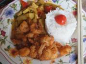 Garnelen im Knuspermantel mit Zucchini-Paprika-Zwiebel-Gemüse und Basmatireis - Rezept - Bild Nr. 2