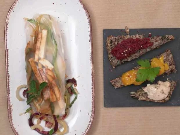 Rezept: Sommerrollen auf Julienne-Gemüse mit Saatenbrot und Dreierlei Aufstrich Bild Nr. 2 Sommerrollen auf Julienne-Gemüse mit Saatenbrot und Dreierlei Aufstrich - Rezept - Bild Nr. 2