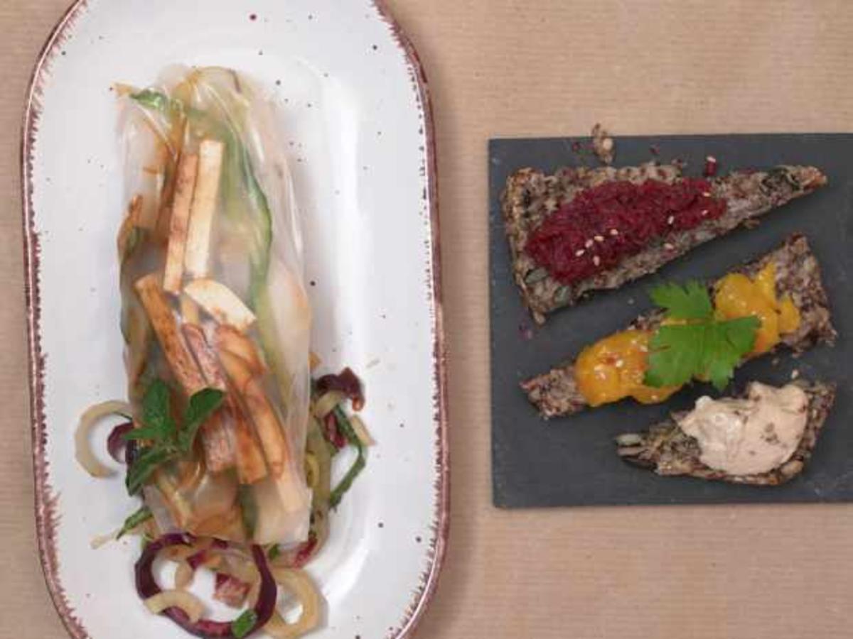 Sommerrollen auf Julienne-Gemüse mit Saatenbrot und Dreierlei Aufstrich ...