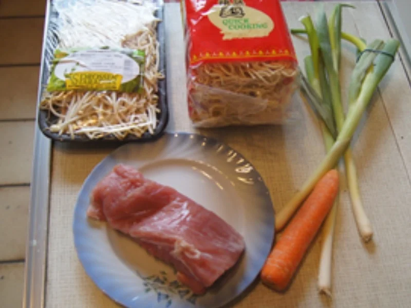 Frittiertes Schweinefilet auf Mie-Nudeln mit Sojabohnensprossen - Rezept - Bild Nr. 16889