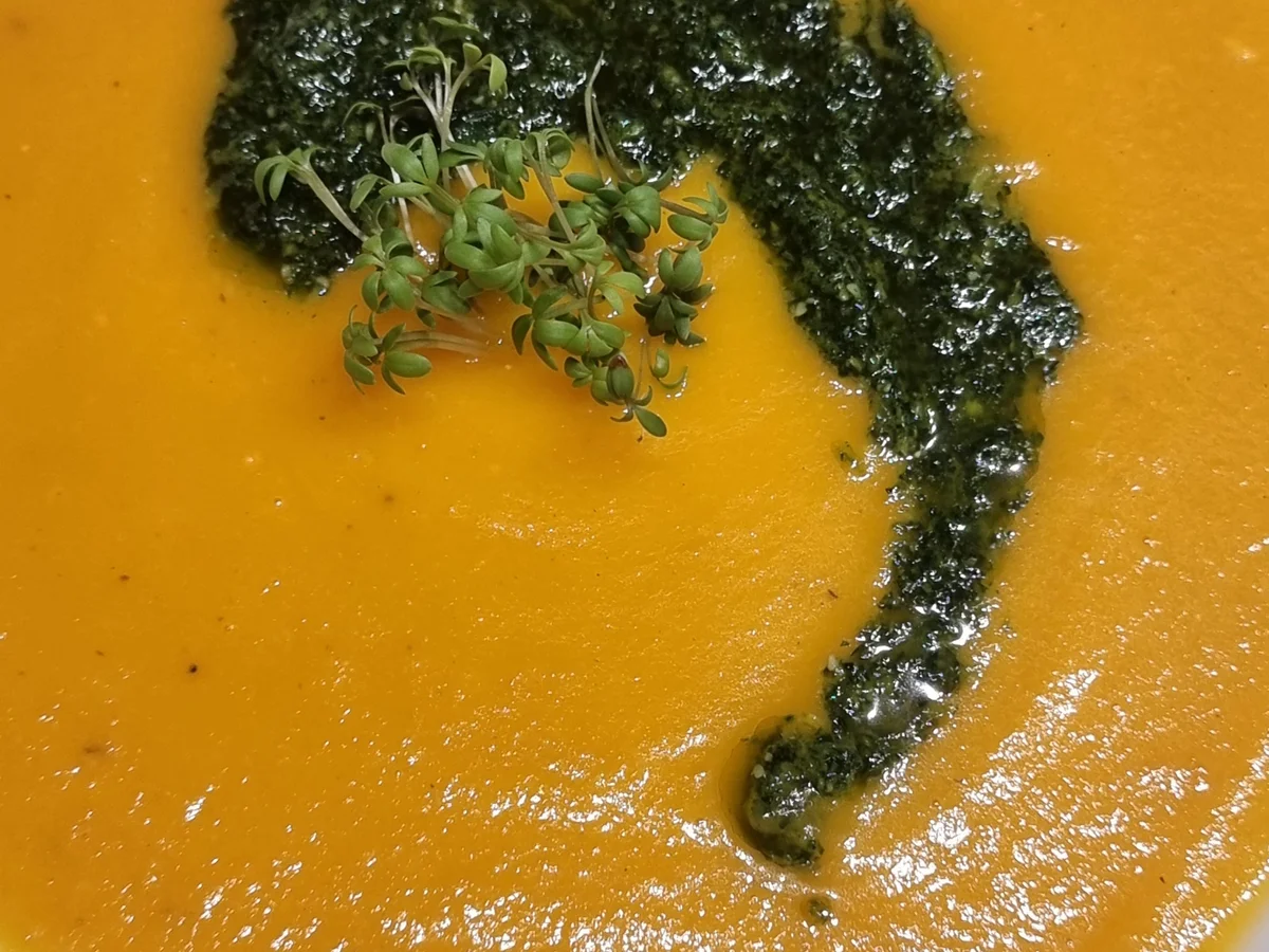 Rezept: Möhren-Zitronen-Suppe mit Möhrengrün-Pesto Bild Nr. 16899 Möhren-Zitronen-Suppe mit Möhrengrün-Pesto - Rezept - Bild Nr. 16899