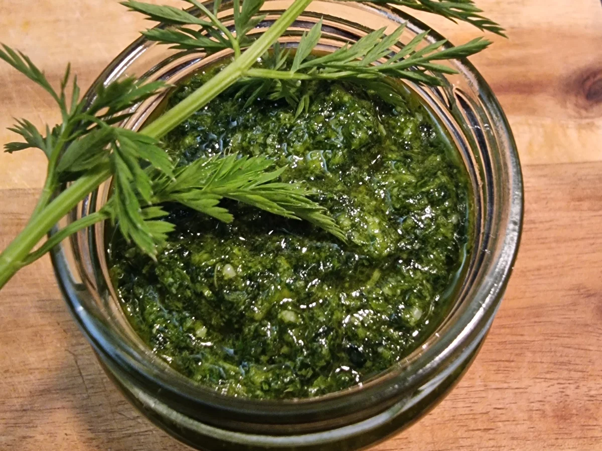 Rezept: Möhren-Zitronen-Suppe mit Möhrengrün-Pesto Bild Nr. 16914 Möhren-Zitronen-Suppe mit Möhrengrün-Pesto - Rezept - Bild Nr. 16914