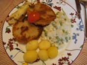 Kohlrabi-Schnitzel mit Erbsen-Kohlrabi-Rahm-Gemüse und Pellkartoffel-Drillingen - Rezept - Bild Nr. 16904