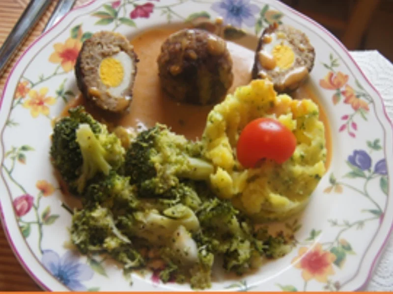 Hackfleischbällchen mit Wachteleiern, Rahmsauce, Brokkoli und Kartoffelstampf - Rezept - Bild Nr. 18