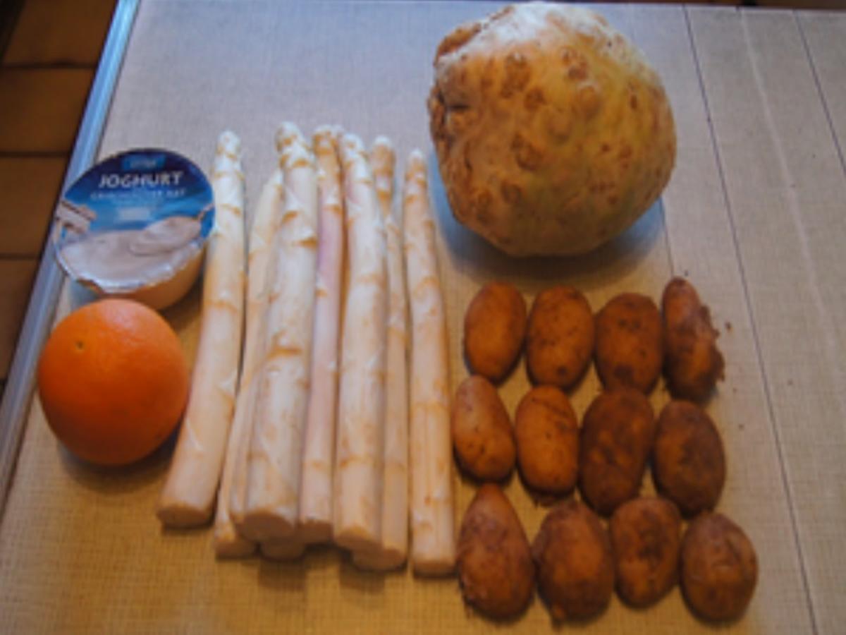Spargel mit Sellerie-Schnitzel, Orangen-Dressing und Frühkartoffeln - Rezept - Bild Nr. 3