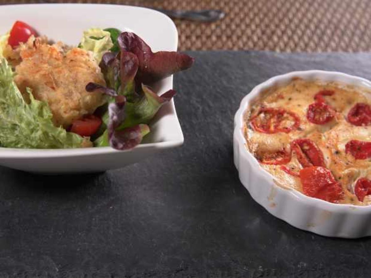 Überbackener Schafskäse mit Garnelenfrikadelle und Salat - Rezept - Bild Nr. 17047