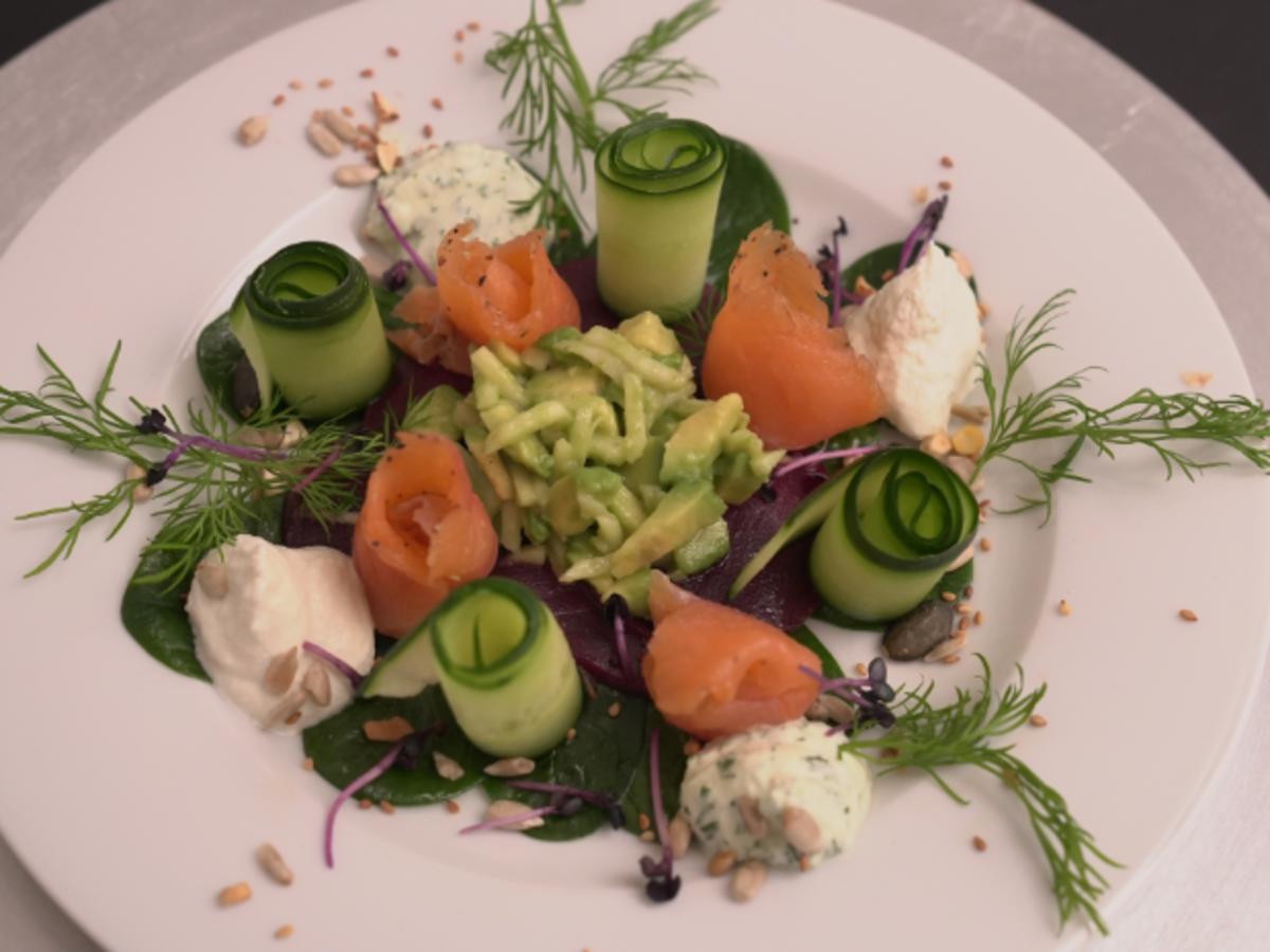 Apfel-Avocado-Tatar mit Lachsröllchen und Rote Beete Salat - Rezept ...