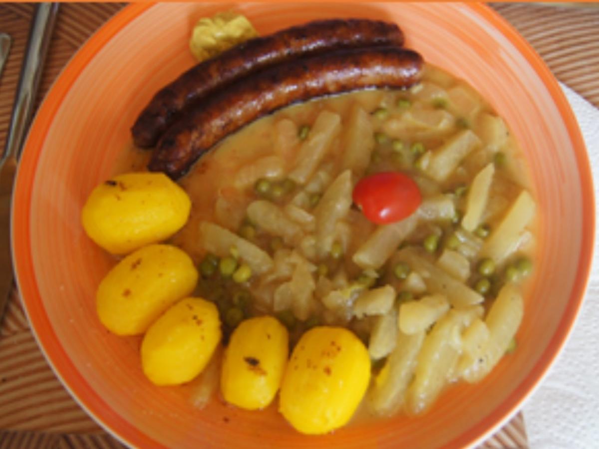 Kalbsbratwürste mit Erbsen-Kohlrabi-Gemüse und gelben Drillingen - Rezept - Bild Nr. 19