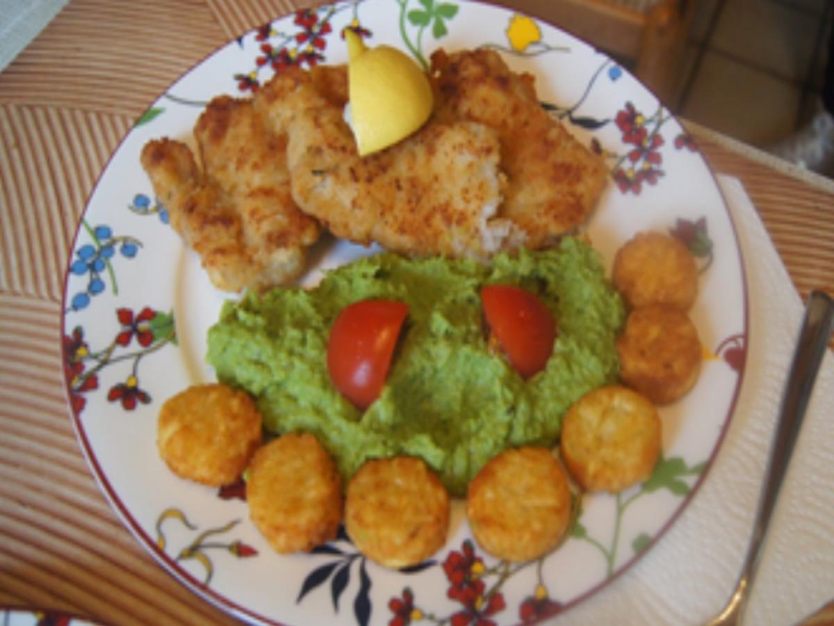 Bratfisch mit Erbsen-Püree und Mini-Rösti - Rezept - Bild Nr. 17220