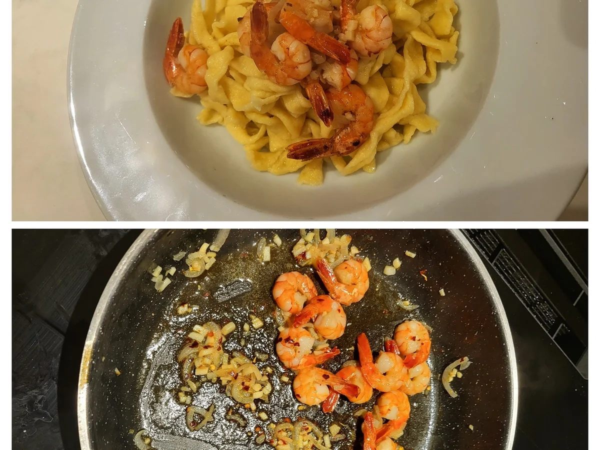 Garnelen in Knoblauch-Olivenöl mit hausgemachter Pasta - Rezept - Bild Nr. 17267
