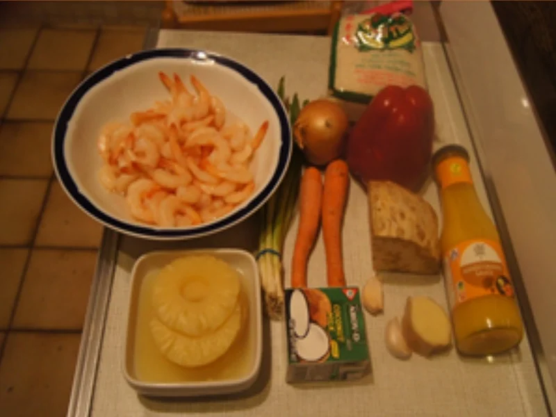 Rezept: Garnelen mit Gemüsemix in Kokosmilch-Mango-Orangen-Ananas-Sauce mit Jasmin-Reis Bild Nr. 17296 Garnelen mit Gemüsemix in Kokosmilch-Mango-Orangen-Ananas-Sauce mit Jasmin-Reis - Rezept - Bild Nr. 17296