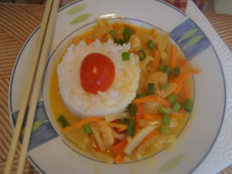 Rezept: Garnelen mit Gemüsemix in Kokosmilch-Mango-Orangen-Ananas-Sauce mit Jasmin-Reis Bild Nr. 17311 Garnelen mit Gemüsemix in Kokosmilch-Mango-Orangen-Ananas-Sauce mit Jasmin-Reis - Rezept - Bild Nr. 17311