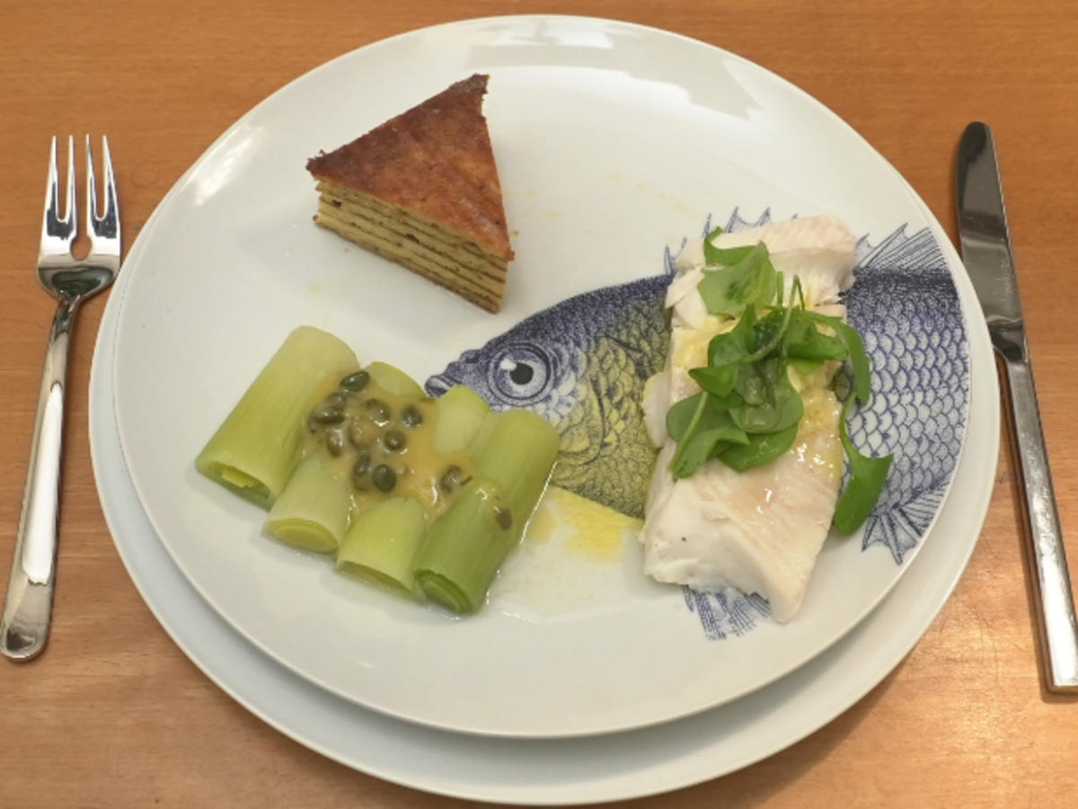 Heilbutt mit Kartoffelbaumkuchen und Lauchgemüse - Rezept - Bild Nr. 17383