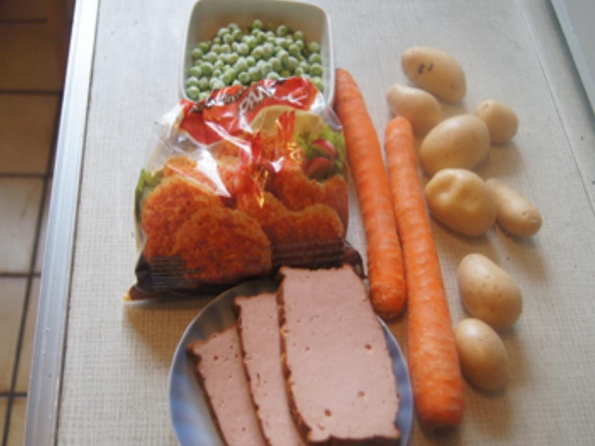 Knusprig paniert gebratener Leberkäse mit Erbsen-Möhren-Rahmgemüse und Brat-Drillingen - Rezept - Bild Nr. 17392