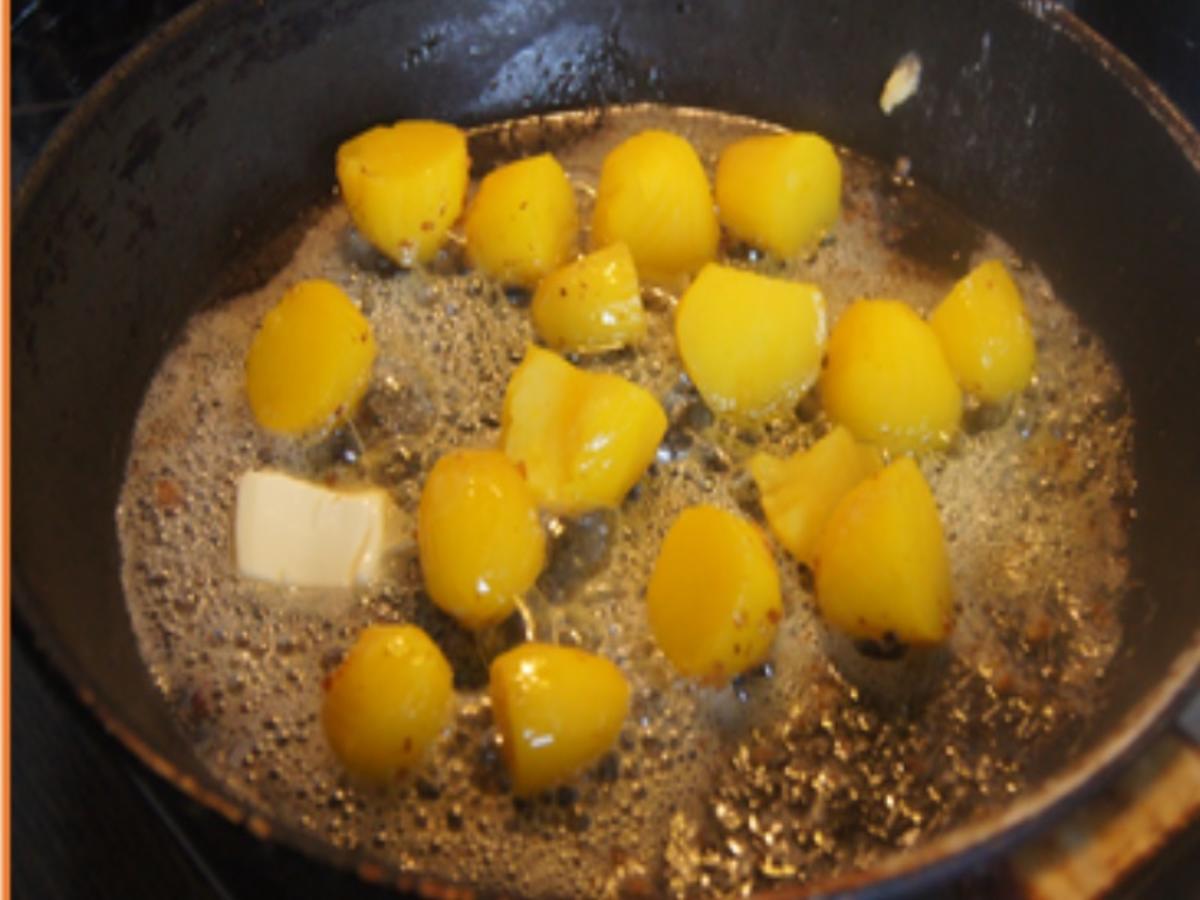 Knusprig paniert gebratener Leberkäse mit Erbsen-Möhren-Rahmgemüse und Brat-Drillingen - Rezept - Bild Nr. 17401