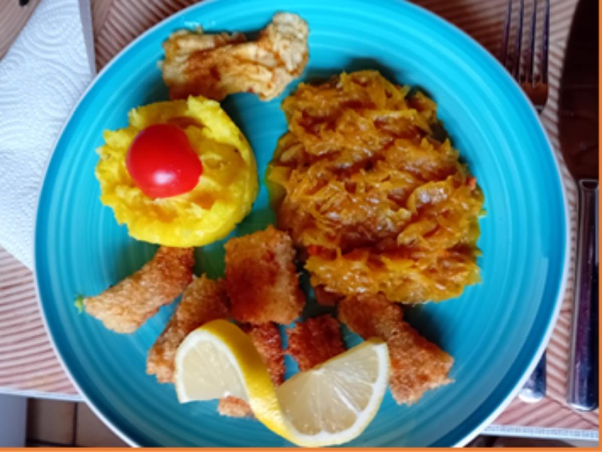 Krosse Fischstäbchen mit Curry-Sauerkraut und Kartoffelstampf - Rezept - Bild Nr. 17475
