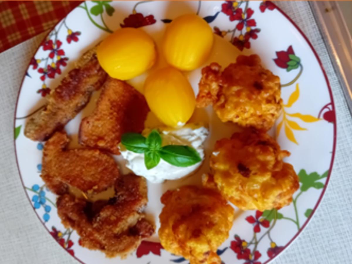 Steinpilzschnitzel mit frittierten Blumenkohl im Bier-Teig, Tsatsiki und Drillingen - Rezept - Bild Nr. 17478
