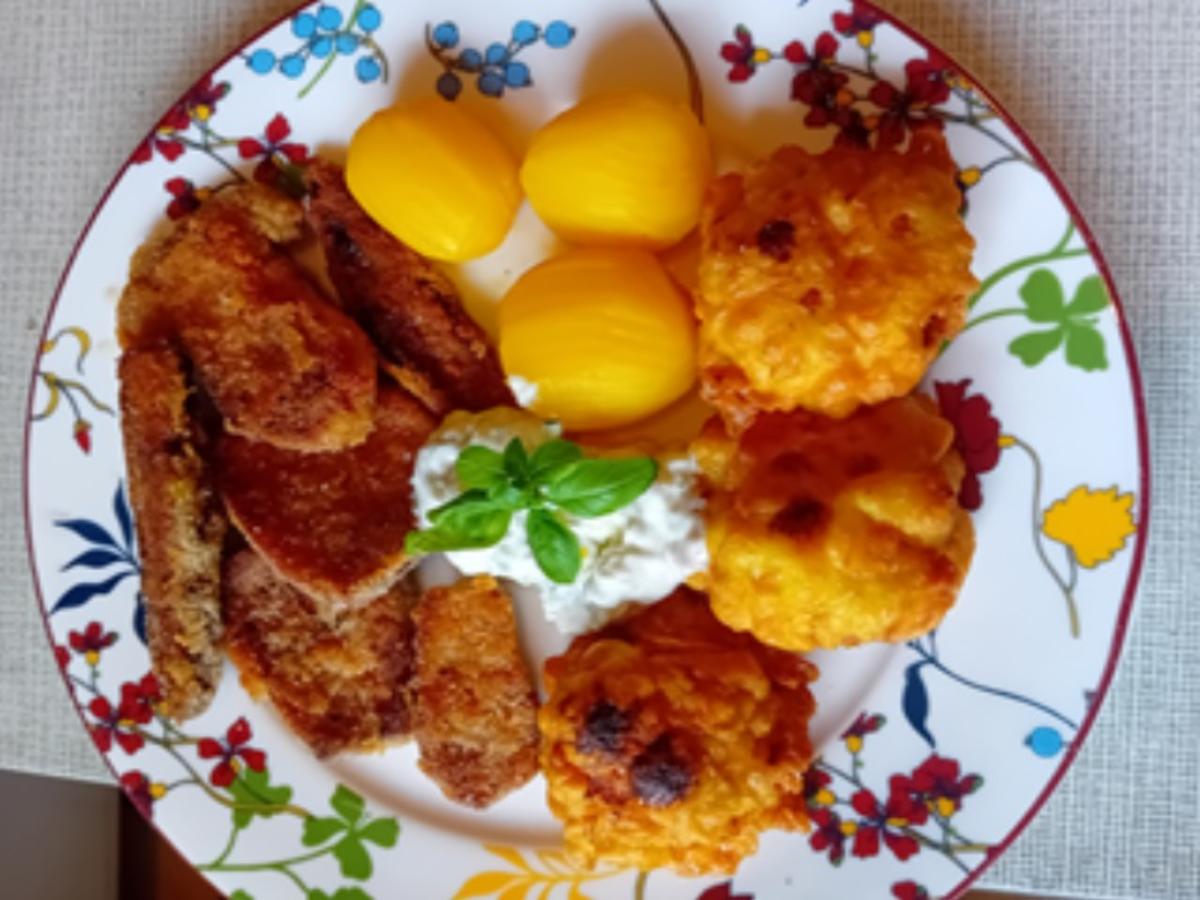 Steinpilzschnitzel mit frittierten Blumenkohl im Bier-Teig, Tsatsiki und Drillingen - Rezept - Bild Nr. 17493