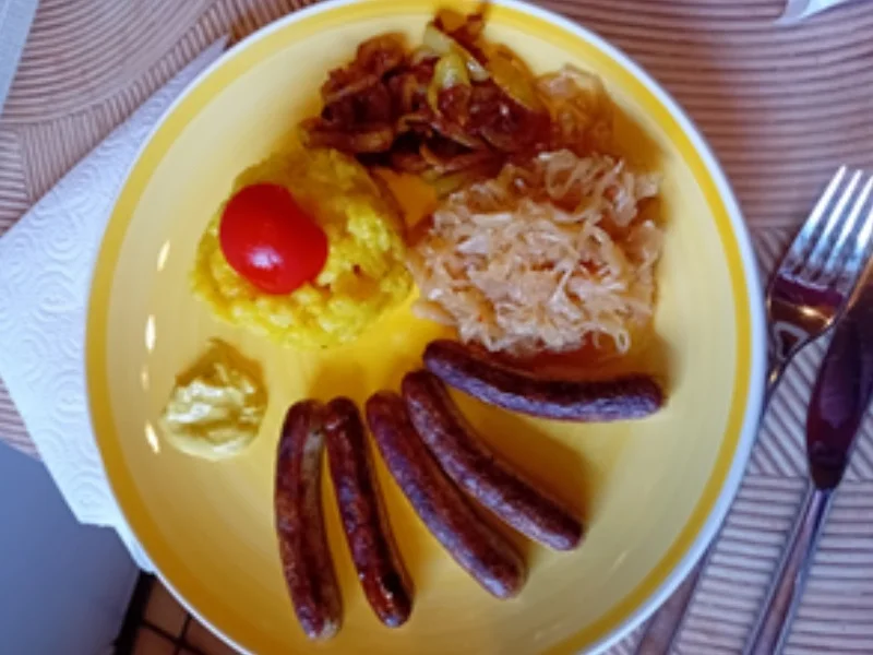 Nürnberger Rostbratwürstchen mit Röstzwiebeln, pikanten Sauerkraut und Kartoffelstampf - Rezept - Bild Nr. 17494