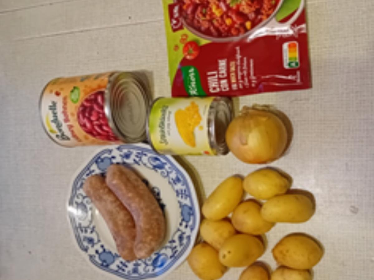 Bratwurst mit Mais-Kidneybohnen-Gemüse und Drillingen - Rezept - Bild Nr. 3