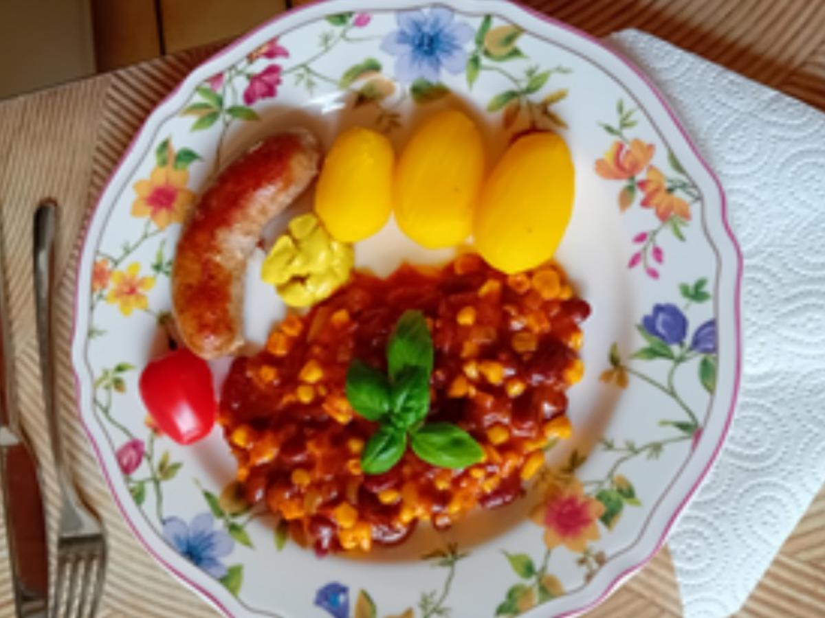 Bratwurst mit Mais-Kidneybohnen-Gemüse und Drillingen - Rezept - Bild Nr. 11